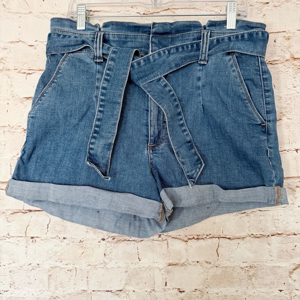 Express shortie super high rise paper bag denim shorts